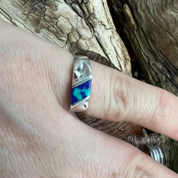 Taxco Mexico Sterling Silver Ring TM-166 Azurite Turquoise Lapis Lazuli Signet - Picture 6 of 9